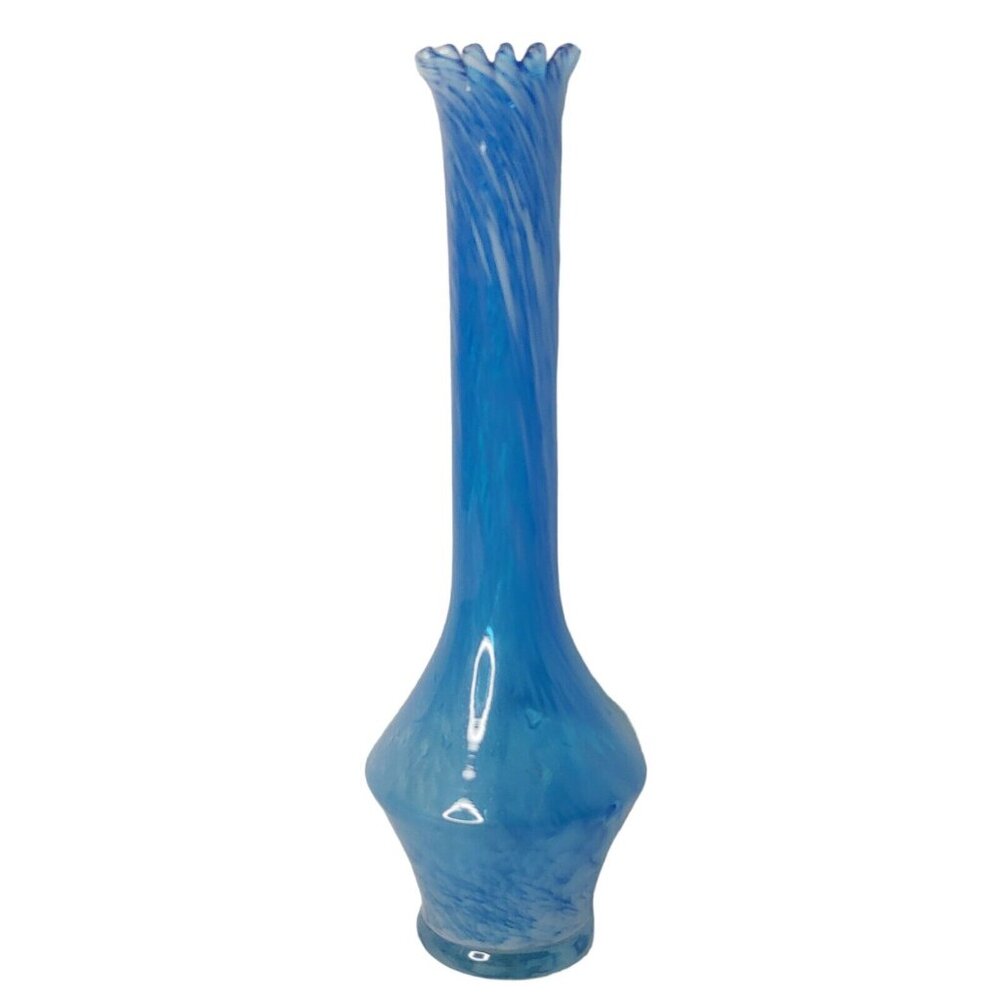 Vintage Hand Made Genuine Hand Blown Swung Art Glass Vase Blue 10"